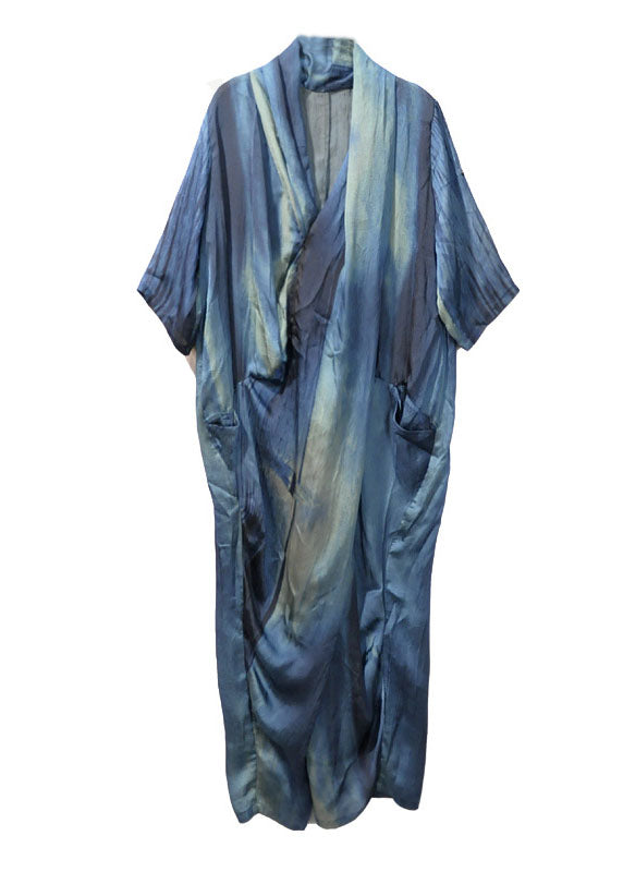 Plus Size Blue retro asymmetrical design Pockets Fall Maxi Dresses Half Sleeve