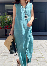 Plus Size Blue side open Linen Long Dress Sleeveless