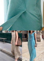 Plus Size Blue side open Linen Long Dress Sleeveless