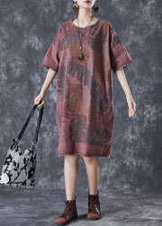 Plus Size Brick Red O-Neck Print Denim Maxi Dresses Summer