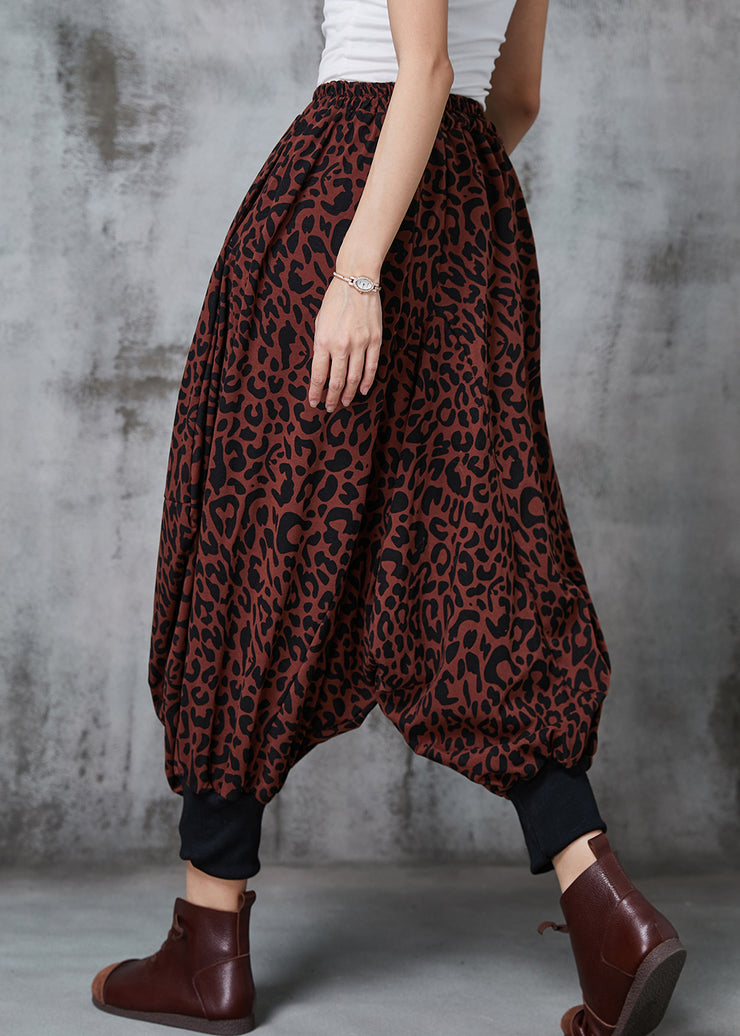 Plus Size Brick Red Oversized Leopard Print Warm Fleece Lantern Pants Spring