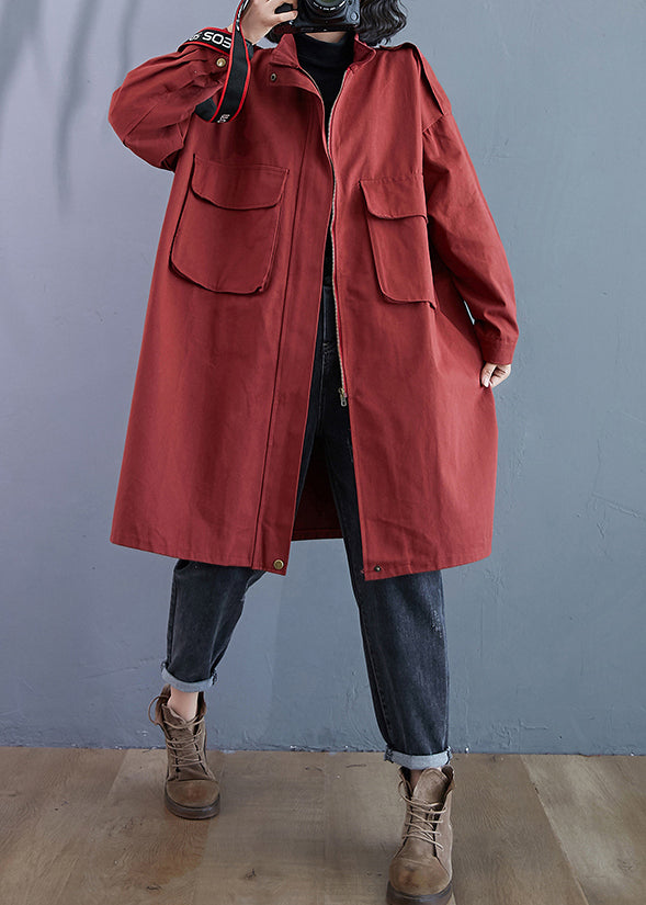 Plus Size Brick Red Zip Up Pockets Patchwork Cotton Trench Coats Fall