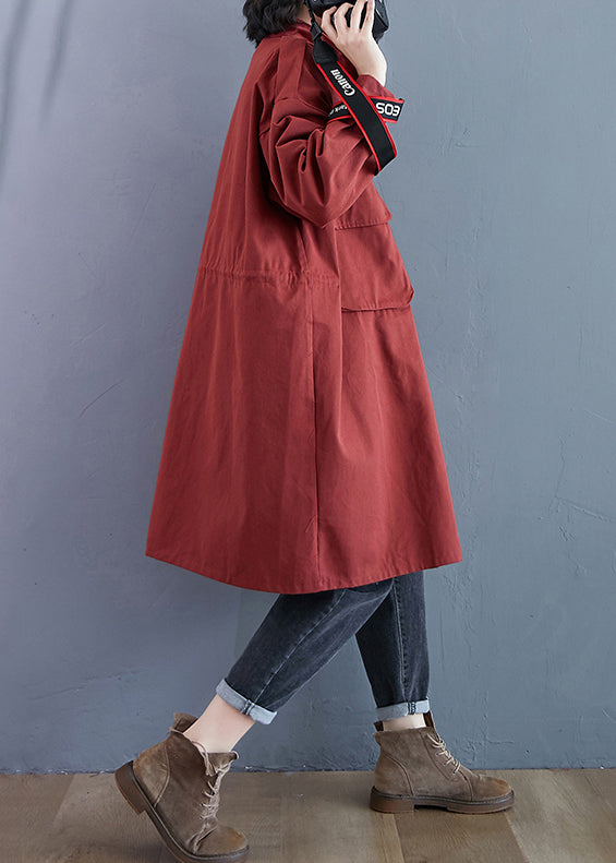 Plus Size Brick Red Zip Up Pockets Patchwork Cotton Trench Coats Fall