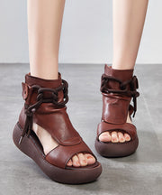 Plus Size Brown Cowhide Leather Sandals Lace Up Sandals
