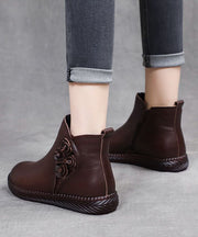 Plus Size Brown Cowhide Leather Warm Fleece Boots Zippered Ankle Boots