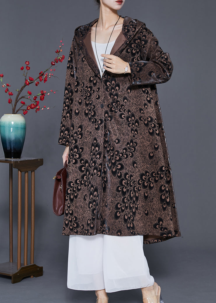 Plus Size Brown Hooded Print Spandex Coat Outwear Spring