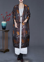 Plus Size Brown Oversized Print Cotton Filled Silk Coat Outwear Spring