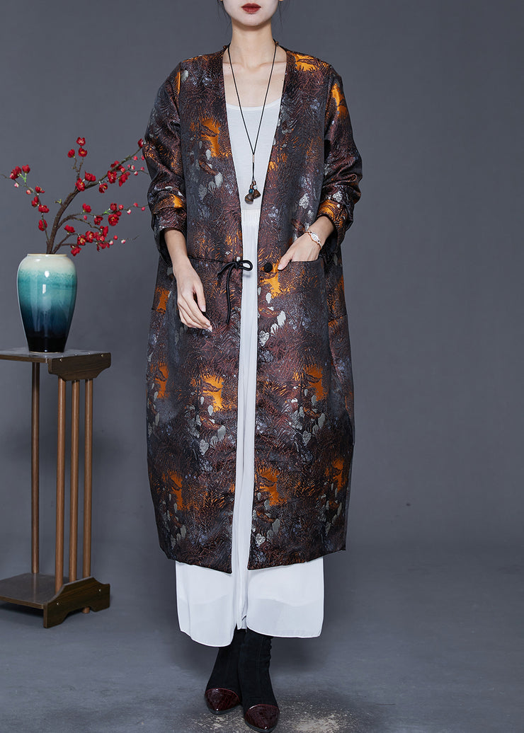 Plus Size Brown Oversized Print Cotton Filled Silk Coat Outwear Spring