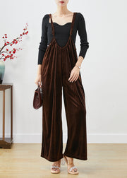Plus Size Brown Oversized Silk Velour Wide Leg Strap Pants Fall