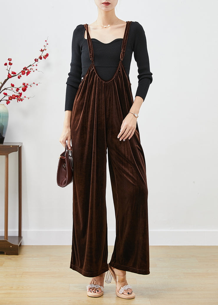 Plus Size Brown Oversized Silk Velour Wide Leg Strap Pants Fall