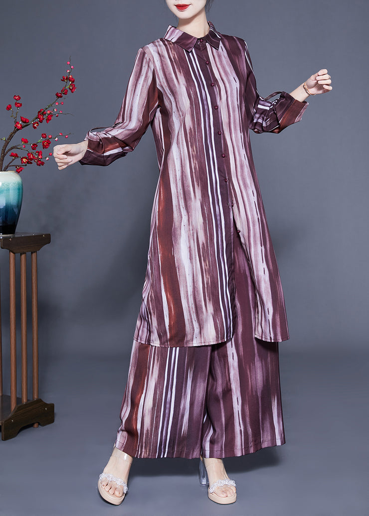 Plus Size Brown Peter Pan Collar Tie Dye Silk Long Shirt And Straight Pants Two Pieces Set Spring