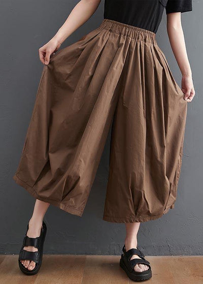Plus Size Brown Pockets Wide Leg Pants Trousers Summer Cotton Linen - SooLinen