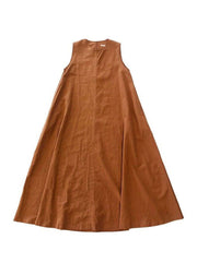 Plus Size Brown Red Pockets Loose Cotton Dress Sleeveless