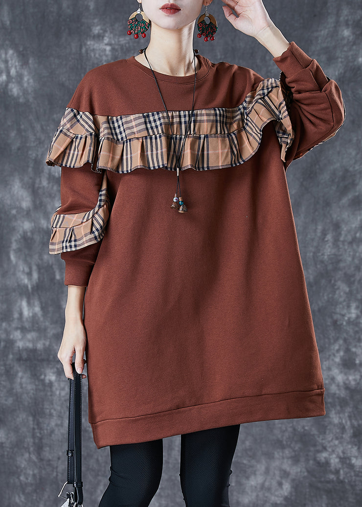 Plus Size Brown Ruffled Patchwork Cotton Sweatshirts Dress Fall