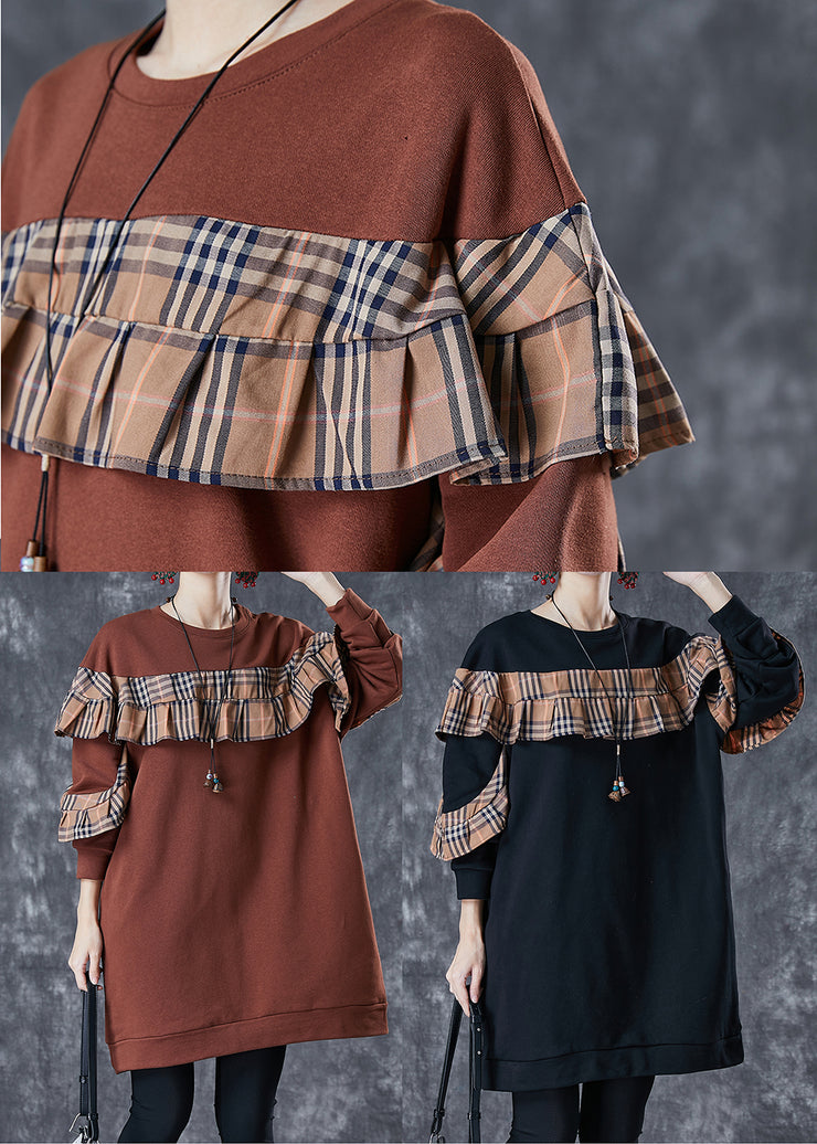 Plus Size Brown Ruffled Patchwork Cotton Sweatshirts Dress Fall