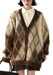 Plus Size Brown V Neck Plaid Warm Fleece Knit Cardigans Winter