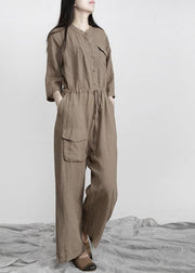 Plus Size Burgundy drawstring Half Sleeve Linen Body Suits Romper - SooLinen