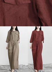 Plus Size Burgundy drawstring Half Sleeve Linen Body Suits Romper - SooLinen