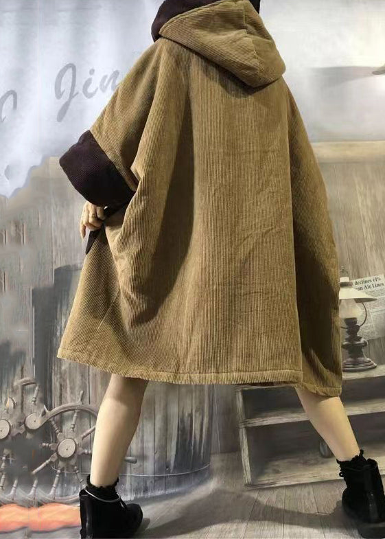 Plus Size Camel Hooded Pockets Patchwork Corduroy Warm Fleece Coat Winter
