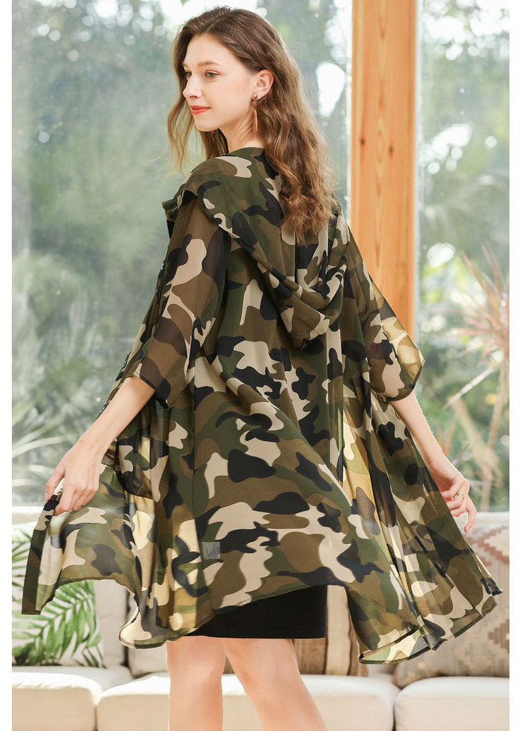 Plus Size Camouflage Hooded Print Chiffon Cardigan Summer