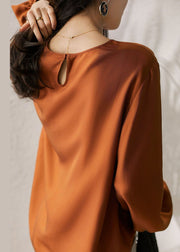Plus Size Caramel O-Neck Oversized Draping Fine Silk Top Spring