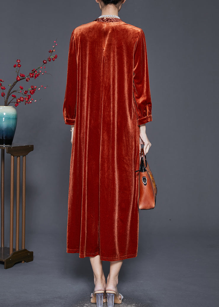 Plus Size Caramel Oversized Patchwork Silk Velvet Ankle Dress Spring