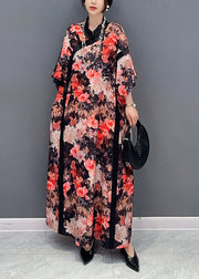Plus Size Chinese Style Red Stand Collar Print Chiffon Dresses Fall