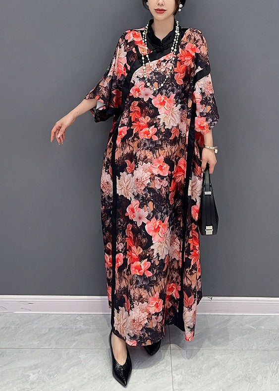 Plus Size Chinese Style Red Stand Collar Print Chiffon Dresses Fall