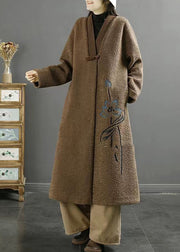 Plus Size Chocolate Embroidered Chinese Button Faux Fur Coats Winter