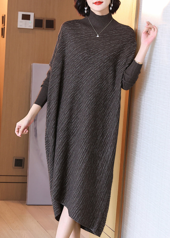 Plus Size Chocolate Hign Neck Patchwork Woolen Sweater Dress Winter