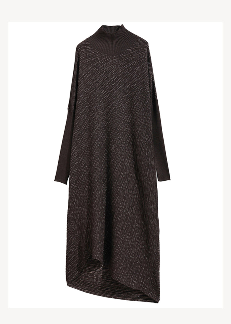 Plus Size Chocolate Hign Neck Patchwork Woolen Sweater Dress Winter