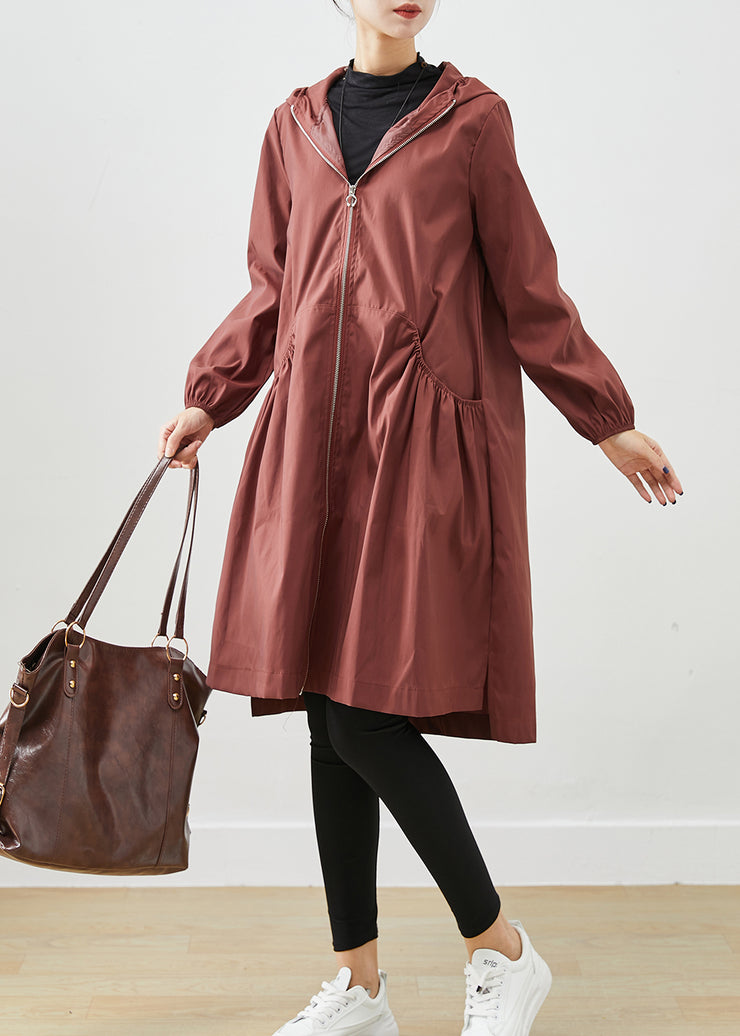 Plus Size Chocolate Hooded Pockets Cotton Coats Fall