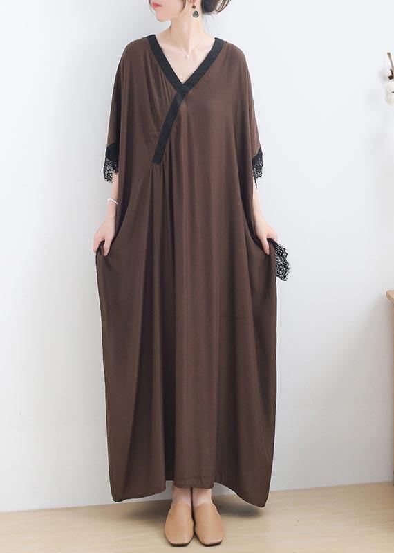 Elegant Chocolate Lace Trim Caftan Maxi Summer Chiffon Dress Gown - SooLinen