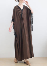 Elegant Chocolate Lace Trim Caftan Maxi Summer Chiffon Dress Gown - SooLinen