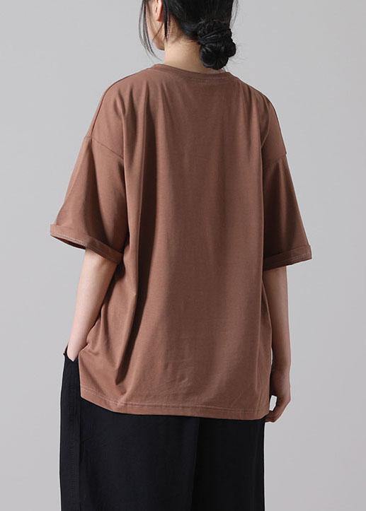 Plus Size Chocolate Print Cotton Short Sleeve Summer Shirt Tops - SooLinen