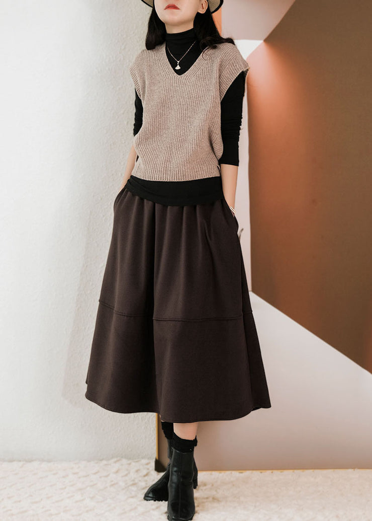Plus Size Chocolate Solid Patchwork Woolen Skirts Winter