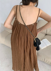 Plus Size Coffee Backless Wrinkled Patchwork Cotton Jumpsuits Sleeveless