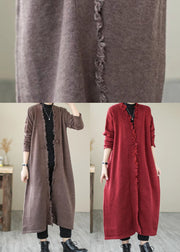 Plus Size Chocolate Button Knit Coats Long Sleeve