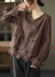 Plus Size Coffee Casual bestickt aushöhlen Herbst Langarm-Shirt Tops