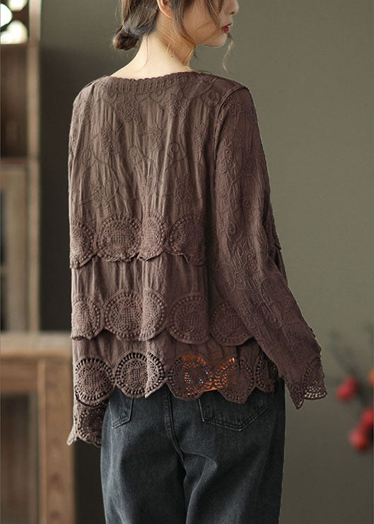 Plus Size Chocolate Casual Embroidered Hollow Out Fall Long sleeve Shirt Tops