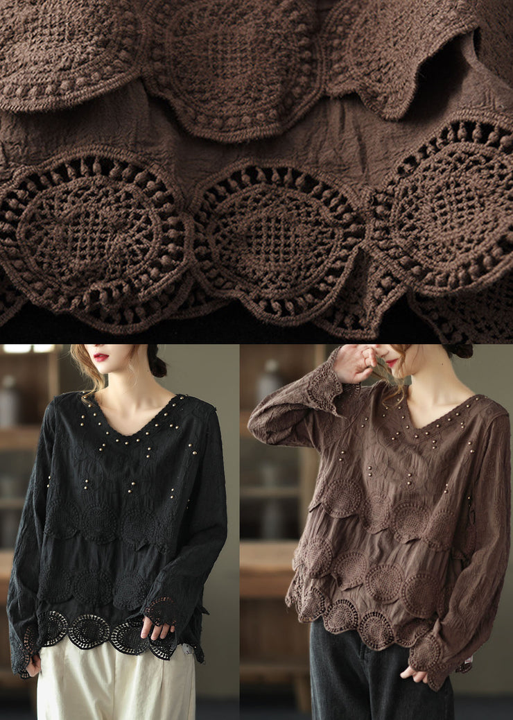 Plus Size Chocolate Casual Embroidered Hollow Out Fall Long sleeve Shirt Tops