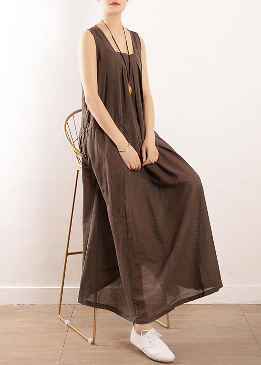 Plus Size Coffee Collar Summer Linen Dress - SooLinen