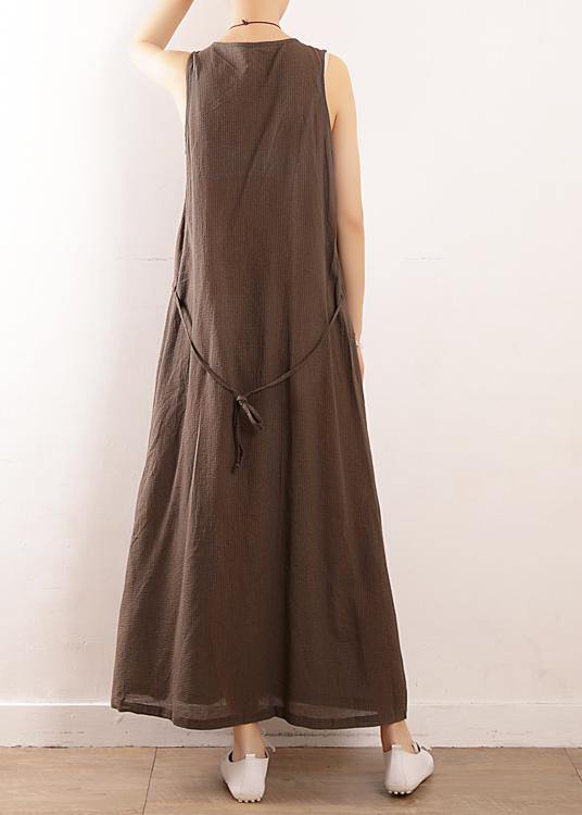 Plus Size Coffee Collar Summer Linen Dress - SooLinen