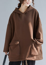 Plus Size Chocolate Colour Pockets Drawstring Cotton Hooded Pullover Long Sleeve
