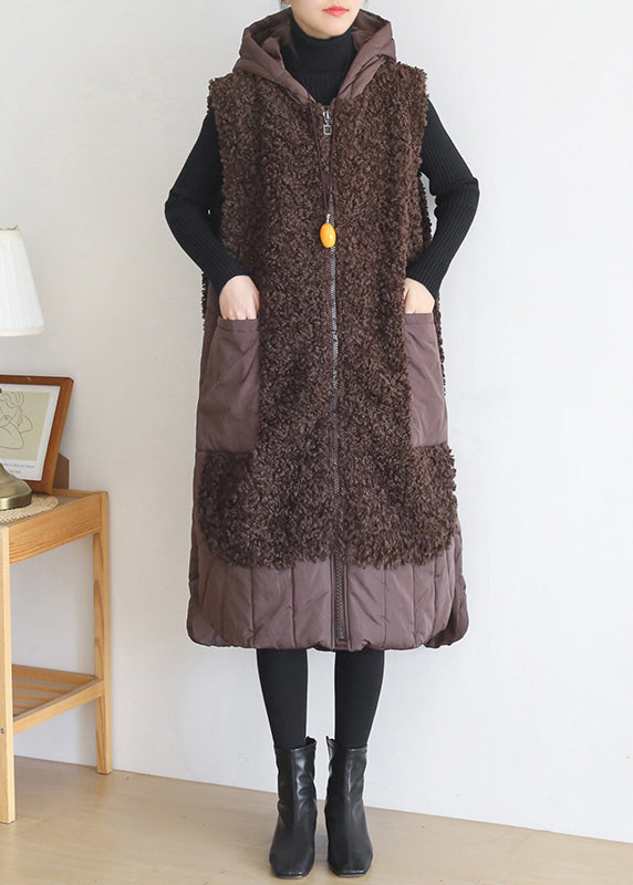 Plus Size Chocolate Colour Zippered Pockets Woolen Cotton Hooded Waistcoat Sleeveless