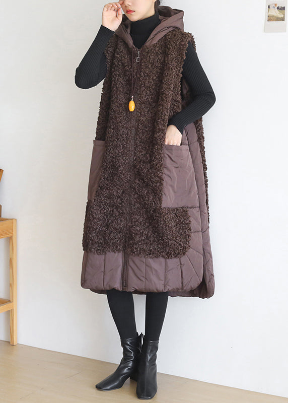 Plus Size Chocolate Colour Zippered Pockets Woolen Cotton Hooded Waistcoat Sleeveless