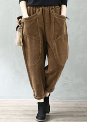 Plus Size Chocolate Elastic Waist Pockets Velour Harem Pants Fall