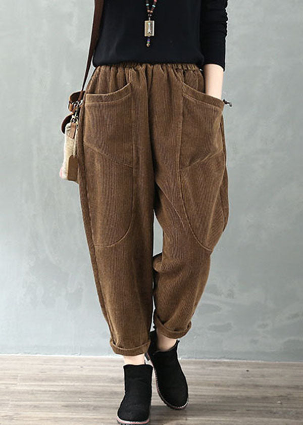 Plus Size Chocolate Elastic Waist Pockets Velour Harem Pants Fall