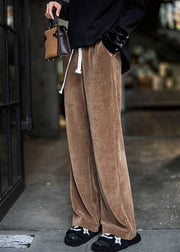 Plus Size Chocolate Elastic Waist Solid Color Corduroy Straight Pants Winter
