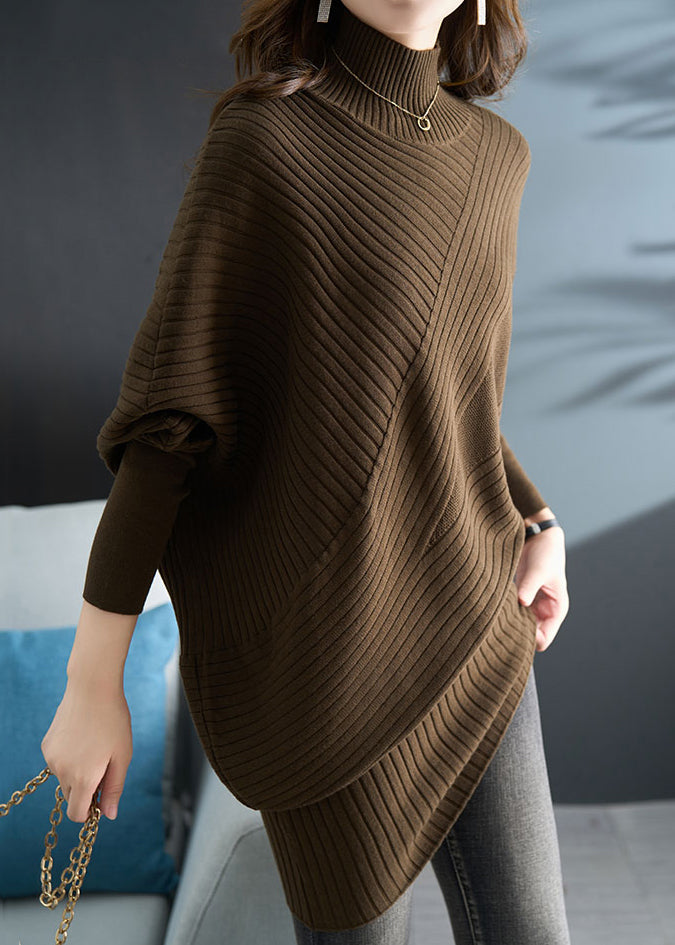 Plus Size Coffee Half Hign Neck Knit Sweaters Batwing Sleeve